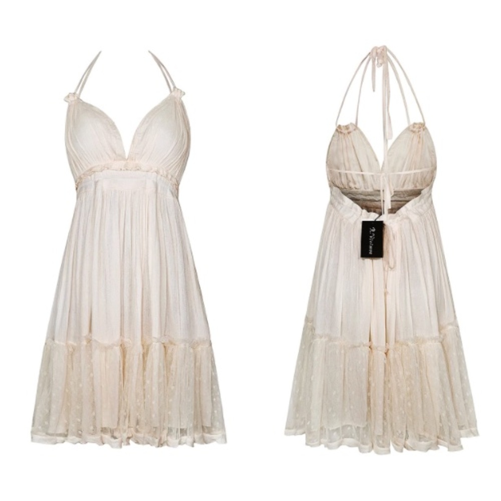✨NEW LISTING✨ Womens Summer Halter Deep V Neck Sexy Patchwork Mini Dress - Beige - Picture 5 of 9